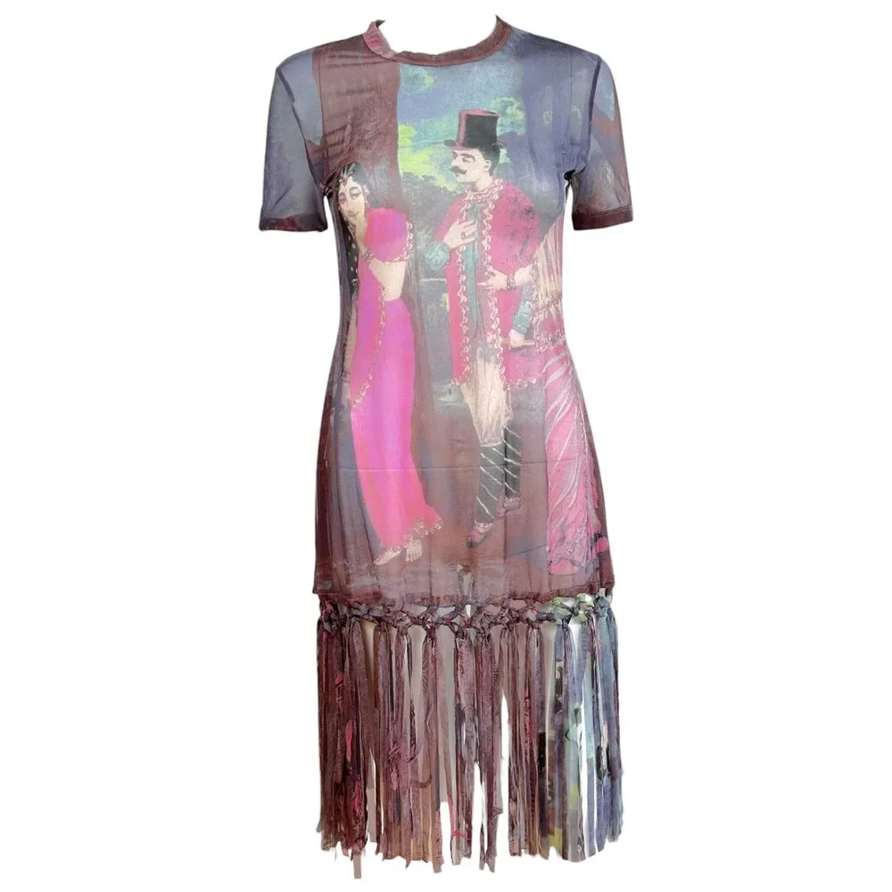 Jean Paul Gaultier Purple Multicolor People Print Fringe Trim Mesh Mini Dress - Picture 1 of 5